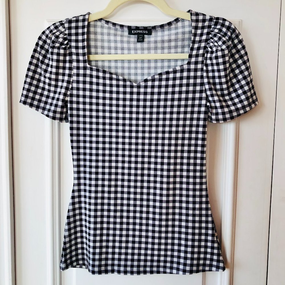 Adorable Gingham Plaid Short Puff Sleeve Sweetheart Top by Express - Size XXS